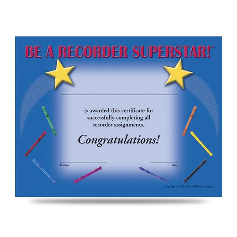 Be A Recorder Superstar Certificate - Pad Of 30