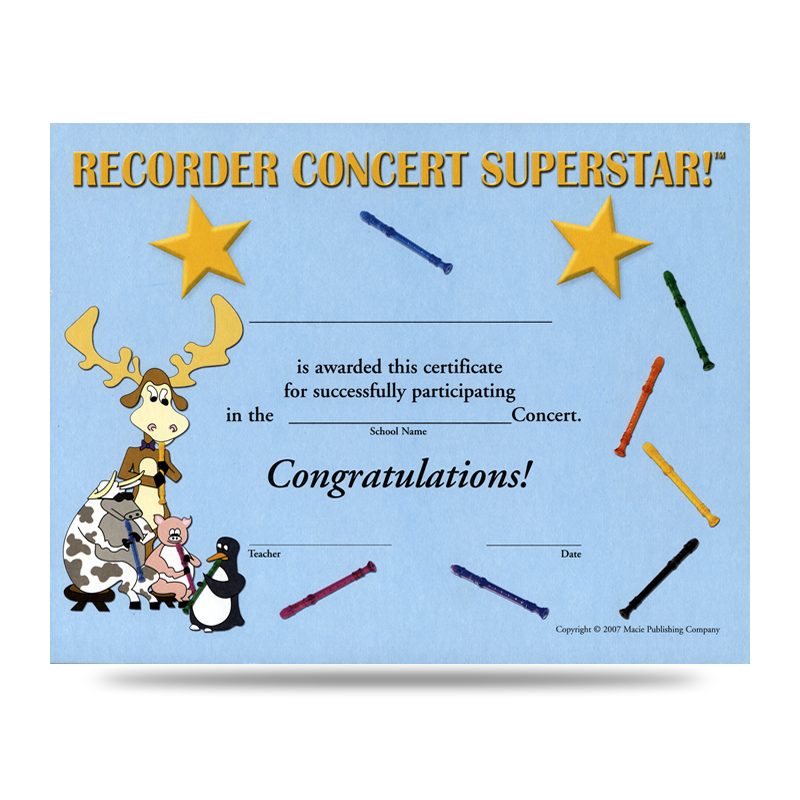 Recorder Concert Superstar® Certificate - Pad Of 30